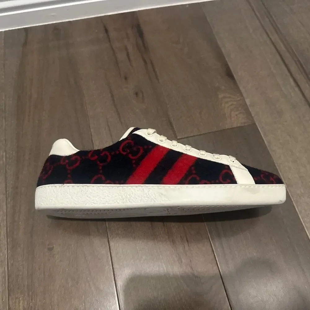 AUTHENTIC GUCCI WOOL ACE GG BLUE RED SNEAKERS 548495 GG 9.5 (fits USA 10.5)